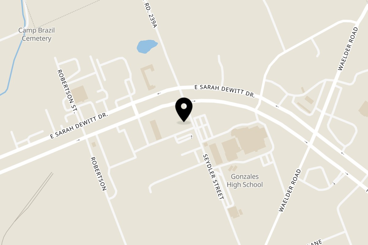 Map showing the location of Rusty Rooster Gonzales - Rusty Rooster on 1826 E Sarah DeWitt Dr in Gonzales